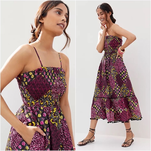 NWT RARE ANTHROPOLOGIE ABSTRACT SMOCKED POMMED MIDI DRESS - Picture 7 of 7